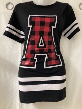 SWS Varsity T-Shirt Dress Buffalo Plaid Letter A Black Red Women’s S/M